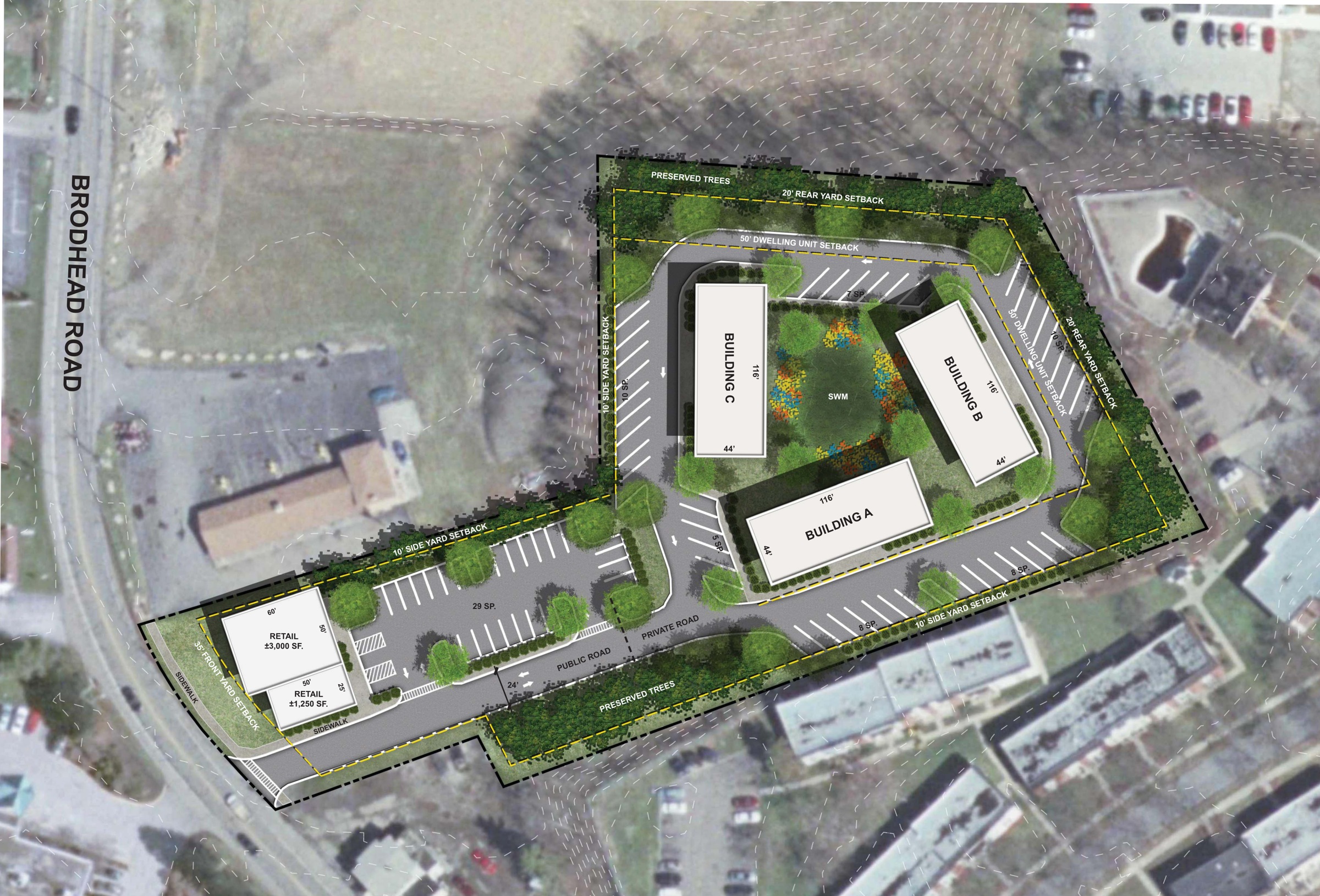 Commercial concept site plan with buildings, landscape and parking