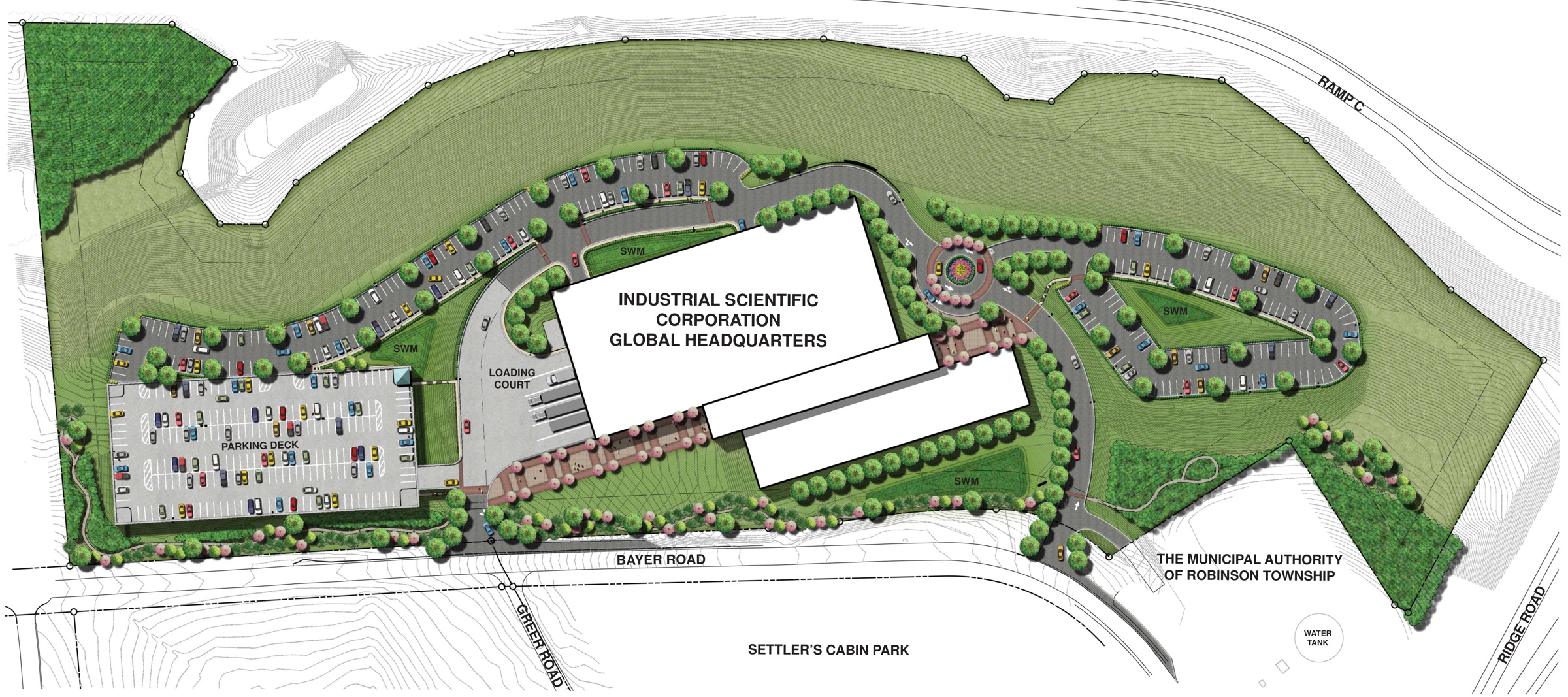 Illustrative headquarters site plan with parking and landscape