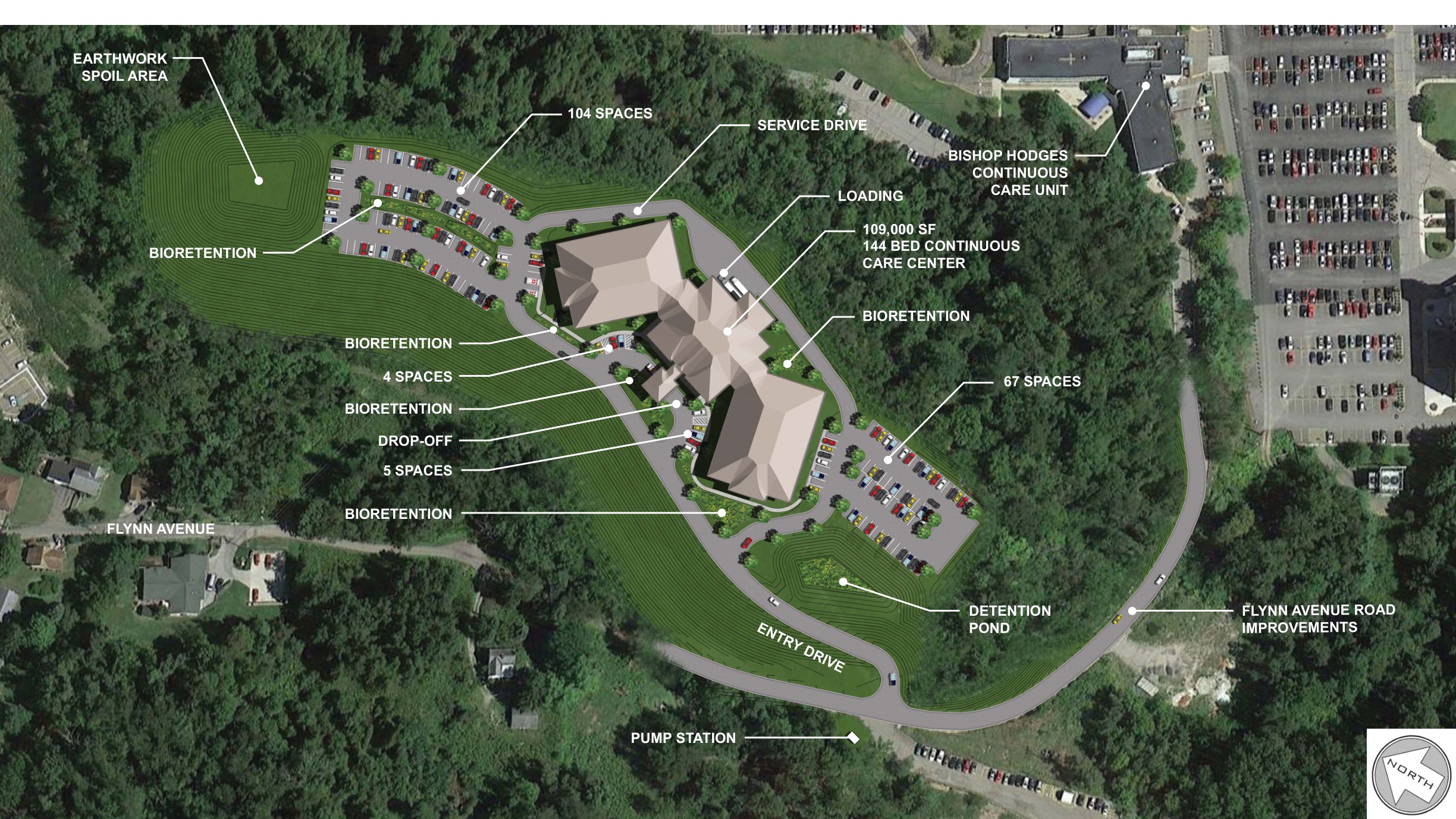 Healthcare site concept showing a care facility, parking, access and stormwater landscape.