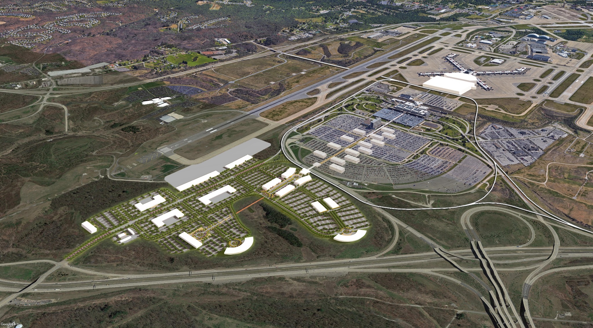 Three-dimensional industrial campus and airport context rendering