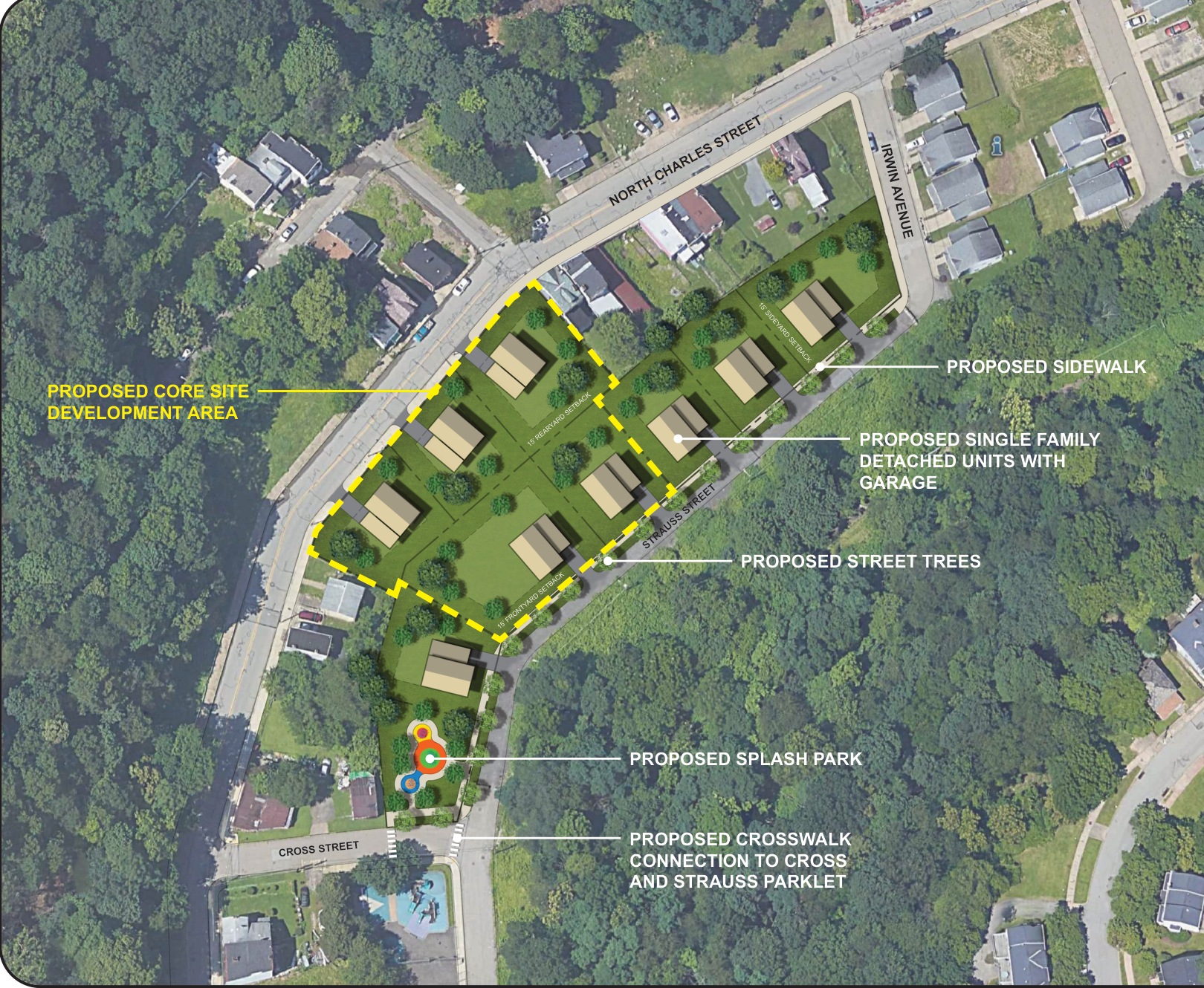 Residential infill concept plan showing homes, landscaping, sidewalks and a small park.